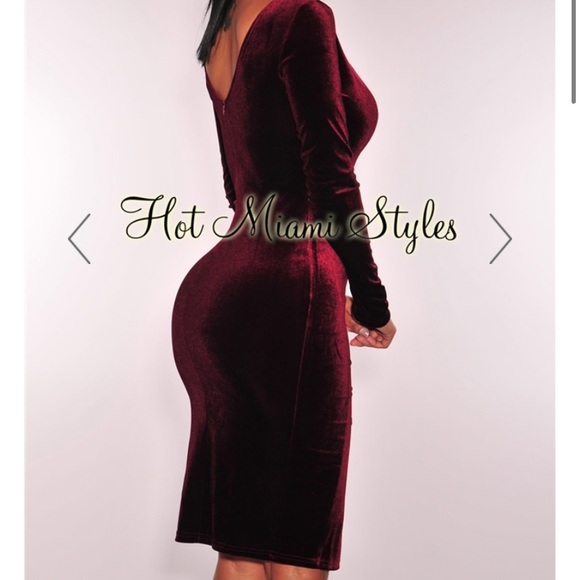 Hot Miami Styles Maroon Velvet Bodycon Dress with Slit NYE size 2-4 - Picture 2 of 4